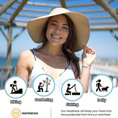 Women's Roll Up Straw Beach Sun Visor Hat Wide Brim Bowknot Cap