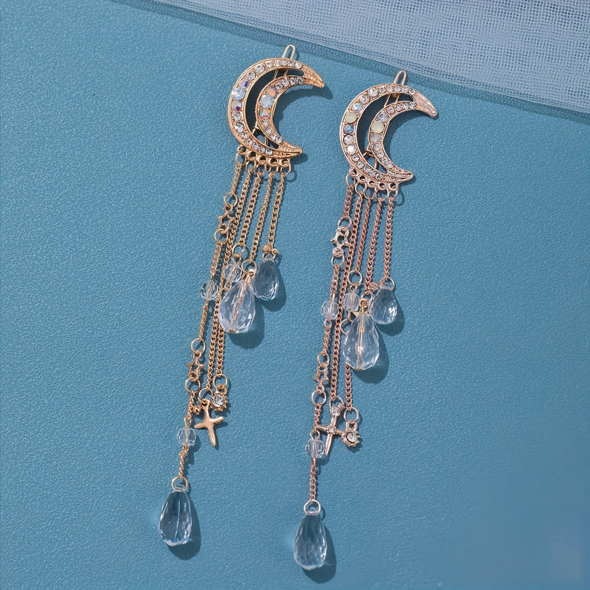 Girls Golden Moon Hair Clip Tassel Rhinestone Hairpin