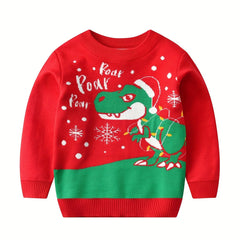 Christmas Print Knit Crew Neck Sweater for Kids