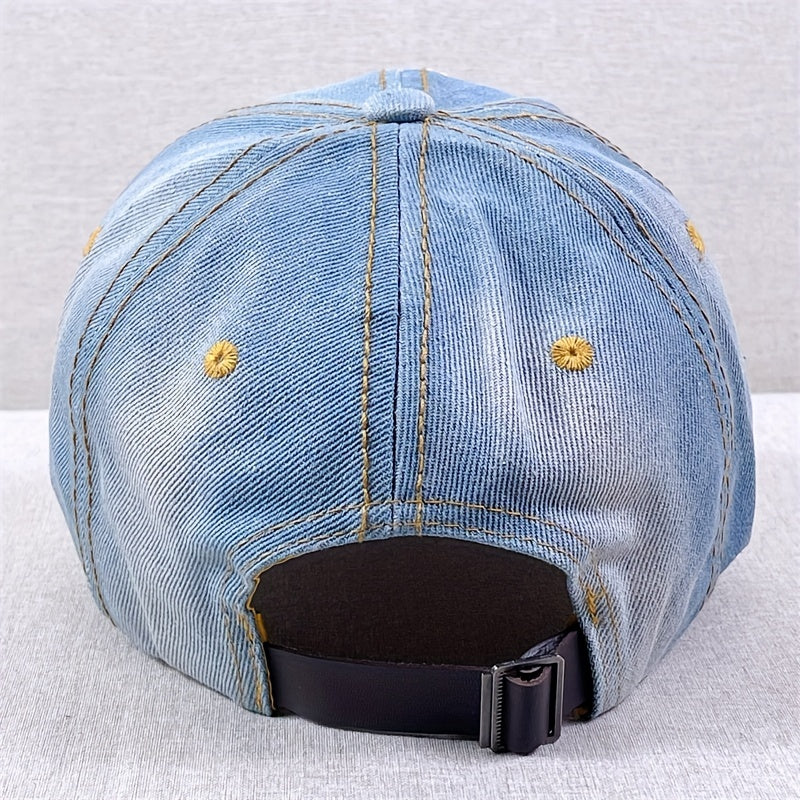 Washed Distressed Baseball Cap Rhinestone Skull Denim Dad Hats Light Adjustable