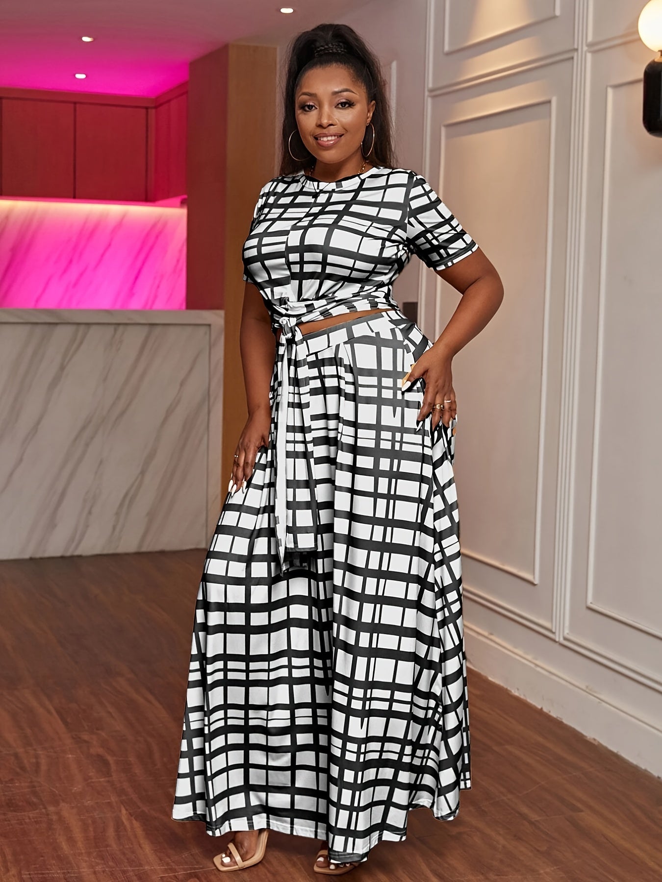 Plaid Crop Top & Maxi Skirt Set Women's Plus Medium Stretch 2pcs Outfit