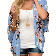 Floral Print V Neck Cover Up Puff Sleeve Kimono