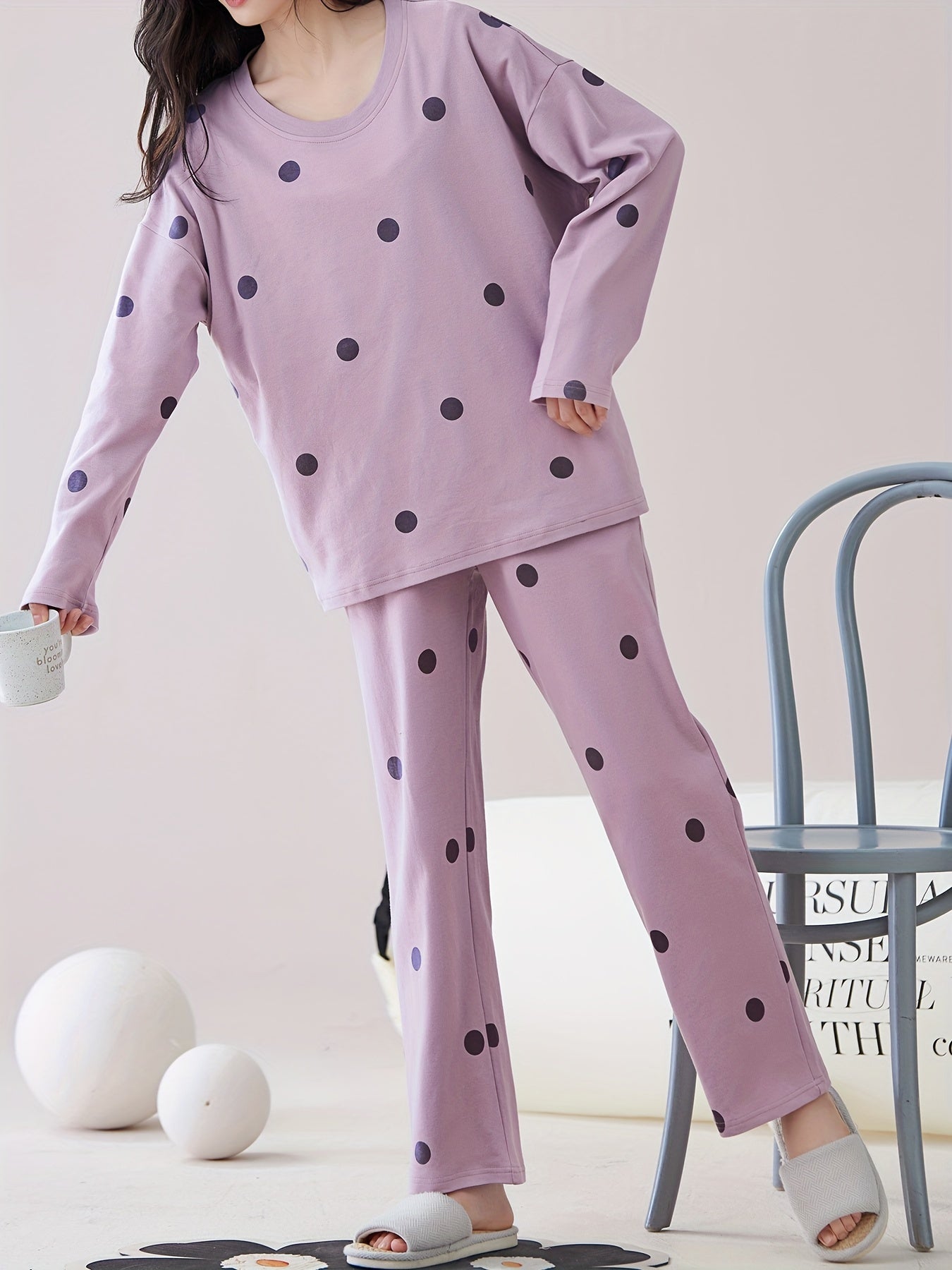 Polka Dot Pajama Set Long Sleeve Top & Pants