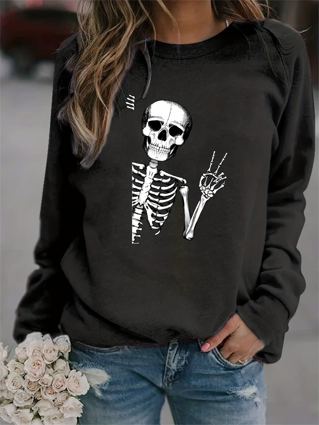 Halloween Skull Printed Sweatshirt for Women