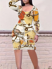 Plus Floral & Baroque Print Long Sleeve Midi Dress