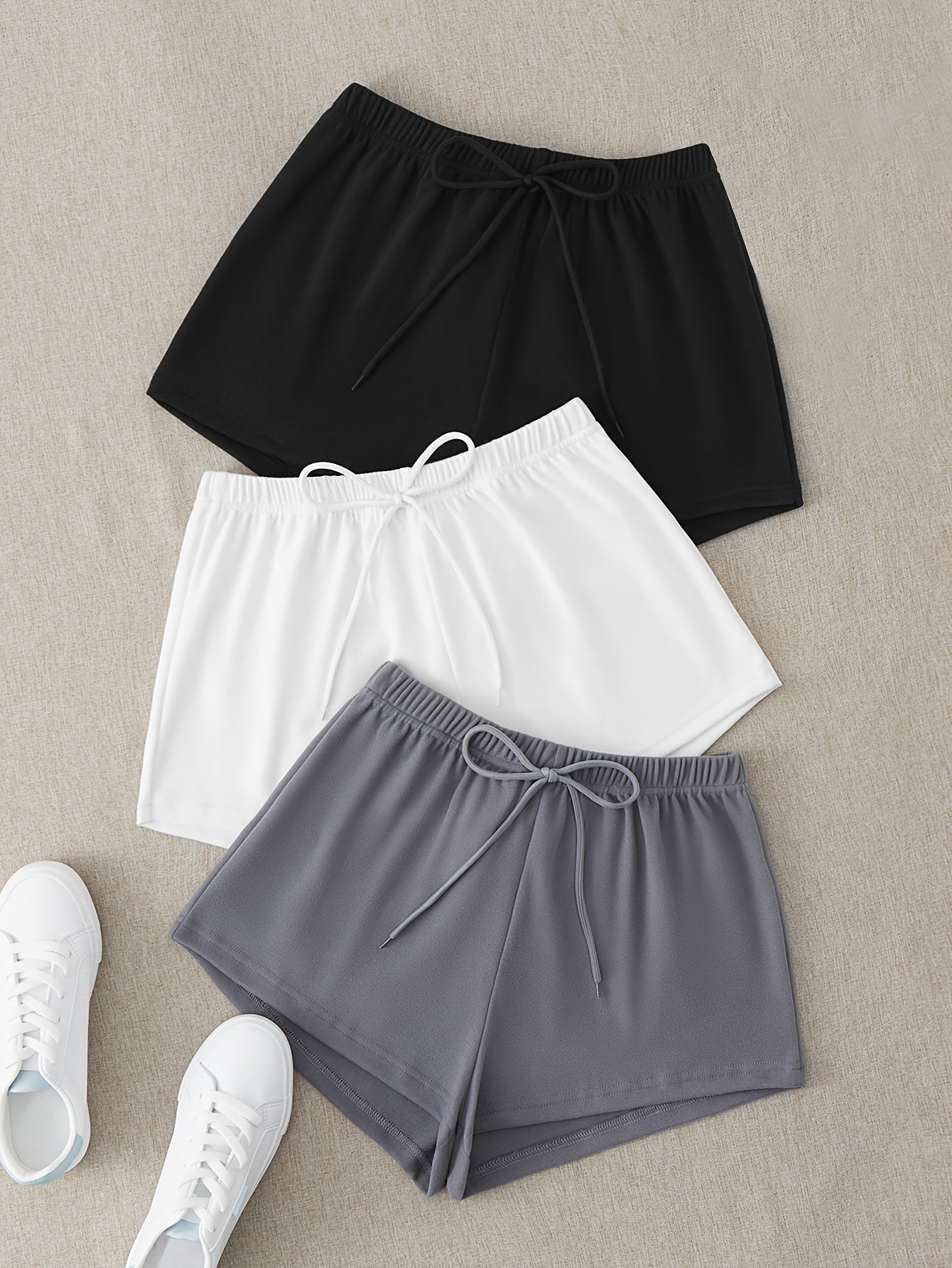 3 Sets Bow Solid Lounge Bottoms Elastic Waistband Shorts Womens Loungewear