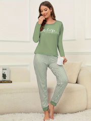 Women's Letter Print Lounge Set Long Sleeve Top & Striped Pants