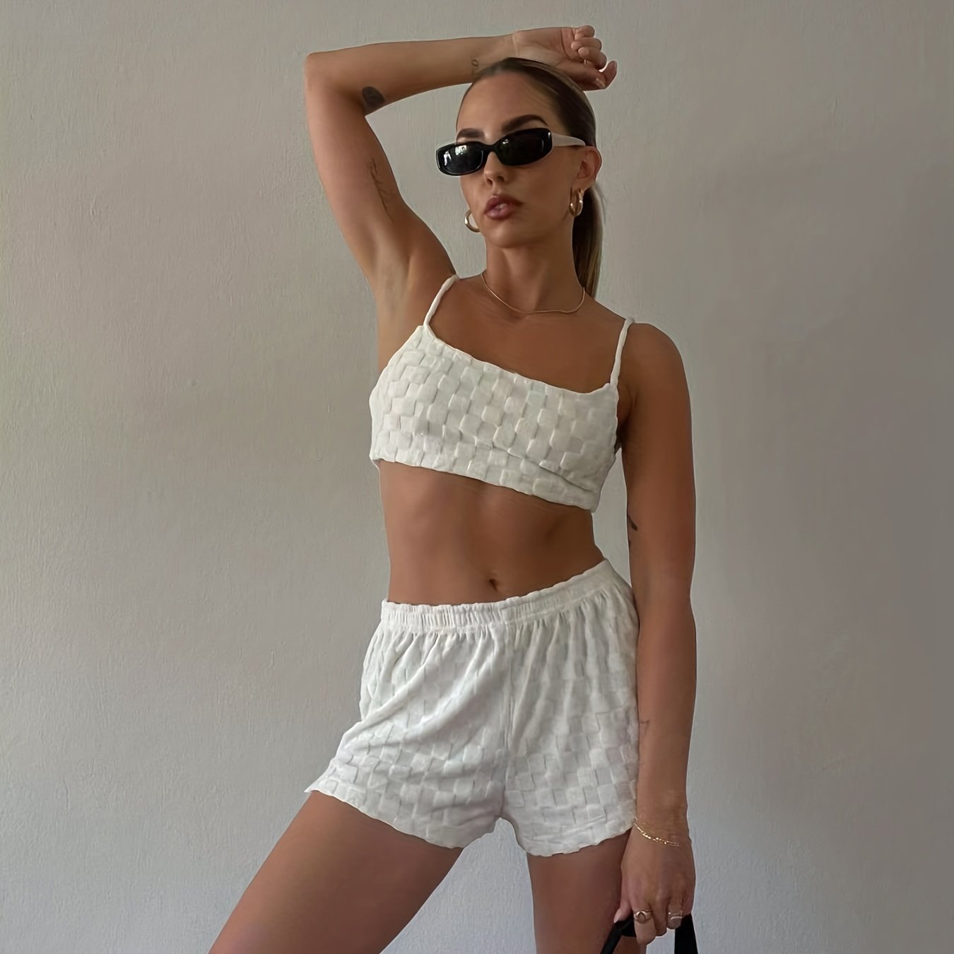 Solid Textured 2pc Sleeveless Crop Cami Top & Shorts Set