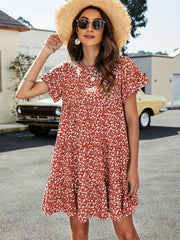 Ditsy Print Short Sleeve Round Neck Mini Smock Dress