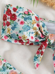 Floral Print Bandeau Bikini Sets Knot Front Strapless Tube Top