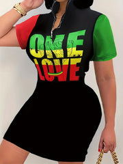 Plus Size Colorblock Letter Print Zip Up Casual Dress