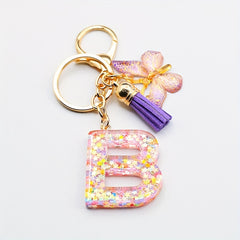 Resin Initial Letter Keychain with Butterfly and Tassel