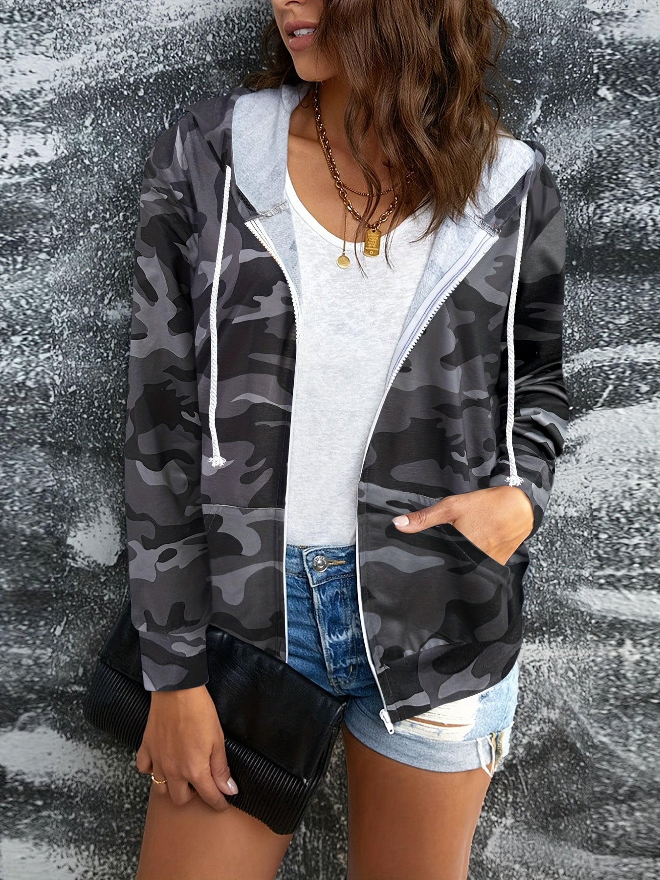 Camouflage Print Zip Up Hoodie Casual Long Sleeve Drawstring Hoodies