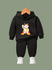 Kids Cartoon Cat Hoodie & Pants Set - Sporty Girl's Outfit