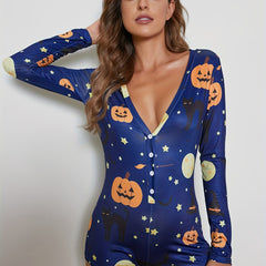 Halloween Pumpkin Print Pajama Romper V Neck Pajamas Women's Lingerie