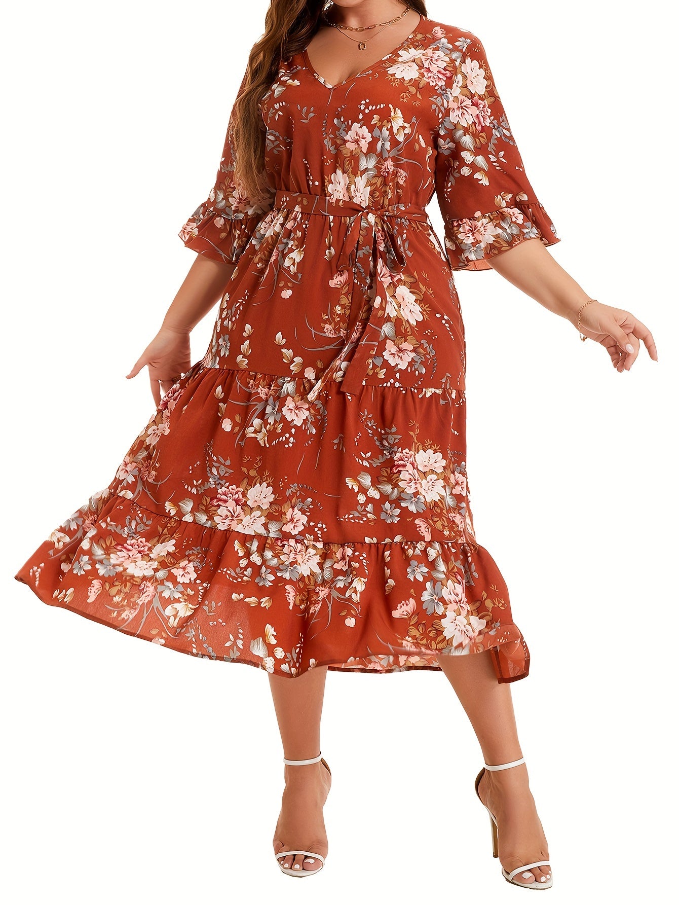 Floral Print V Neck Smock Maxi Dress