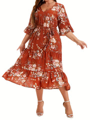 Floral Print V Neck Smock Maxi Dress
