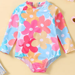 Toddler Girls Flower Graphic Half Zip Long Sleeve Swimsuit