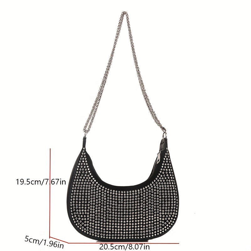 Rhinestone Crossbody Bag Chain Hobo Bag Women's Crescent Shoulder Purse