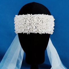 Faux Pearl Headband Mesh Tie Band Wedding Hair Accessories Bridal Headdress