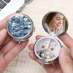 Small Metal Pill Case Green Glass Pattern 3 Compartment Portable Medicine