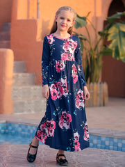 Girls Floral Print Loose Dress With Pockets for Spring