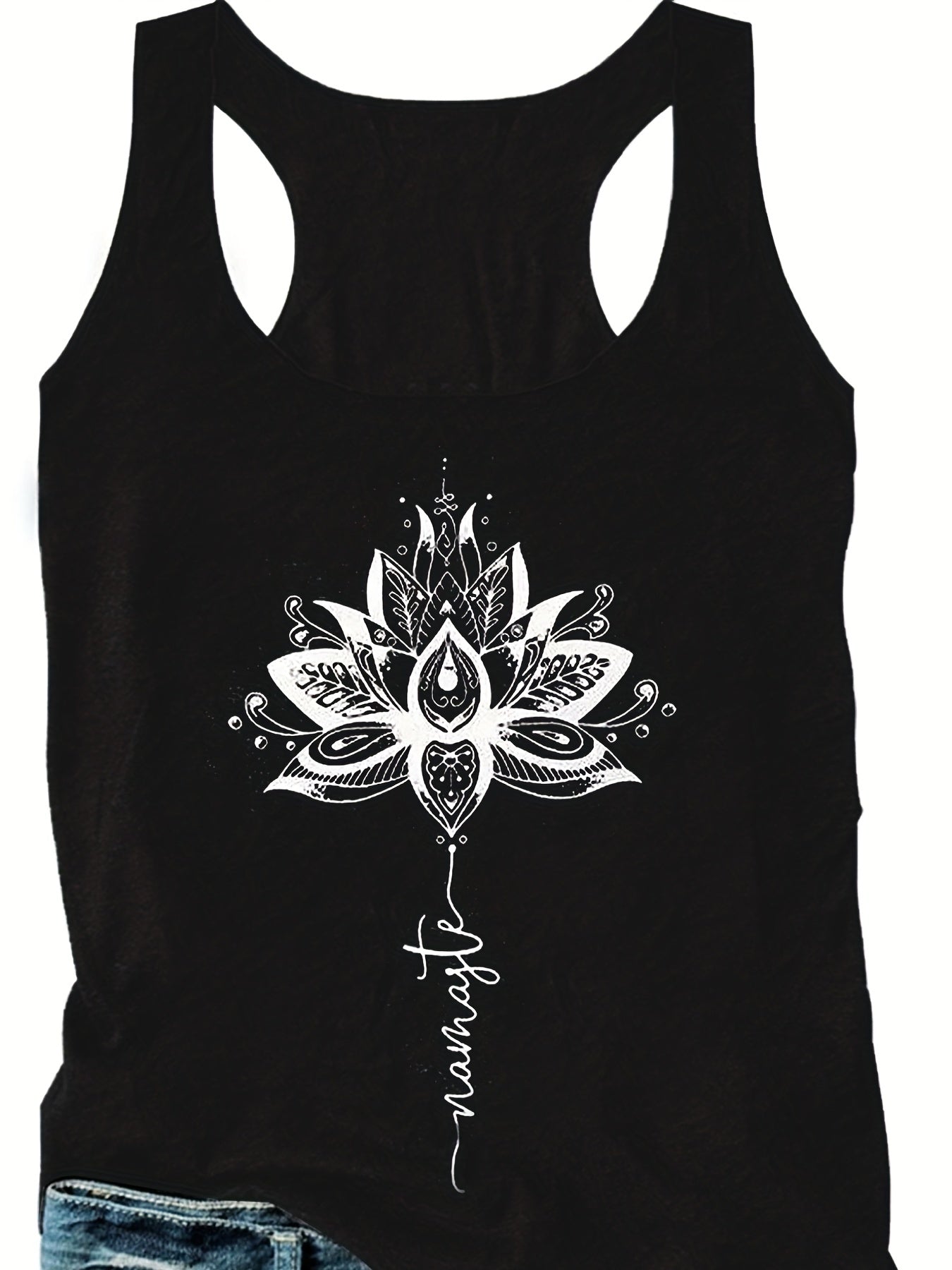 Lotus & Letter Print Round Neck Tank Top