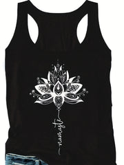Lotus & Letter Print Round Neck Tank Top