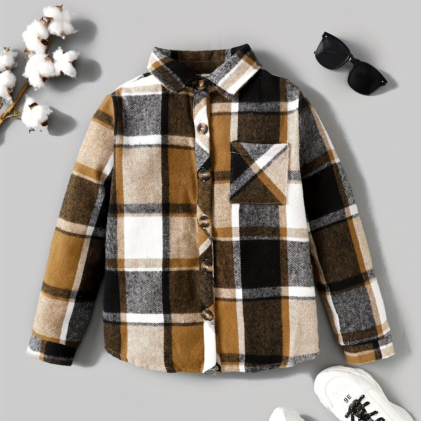 Boys Plaid Windbreaker Lapel Jacket Long Sleeve Button Down