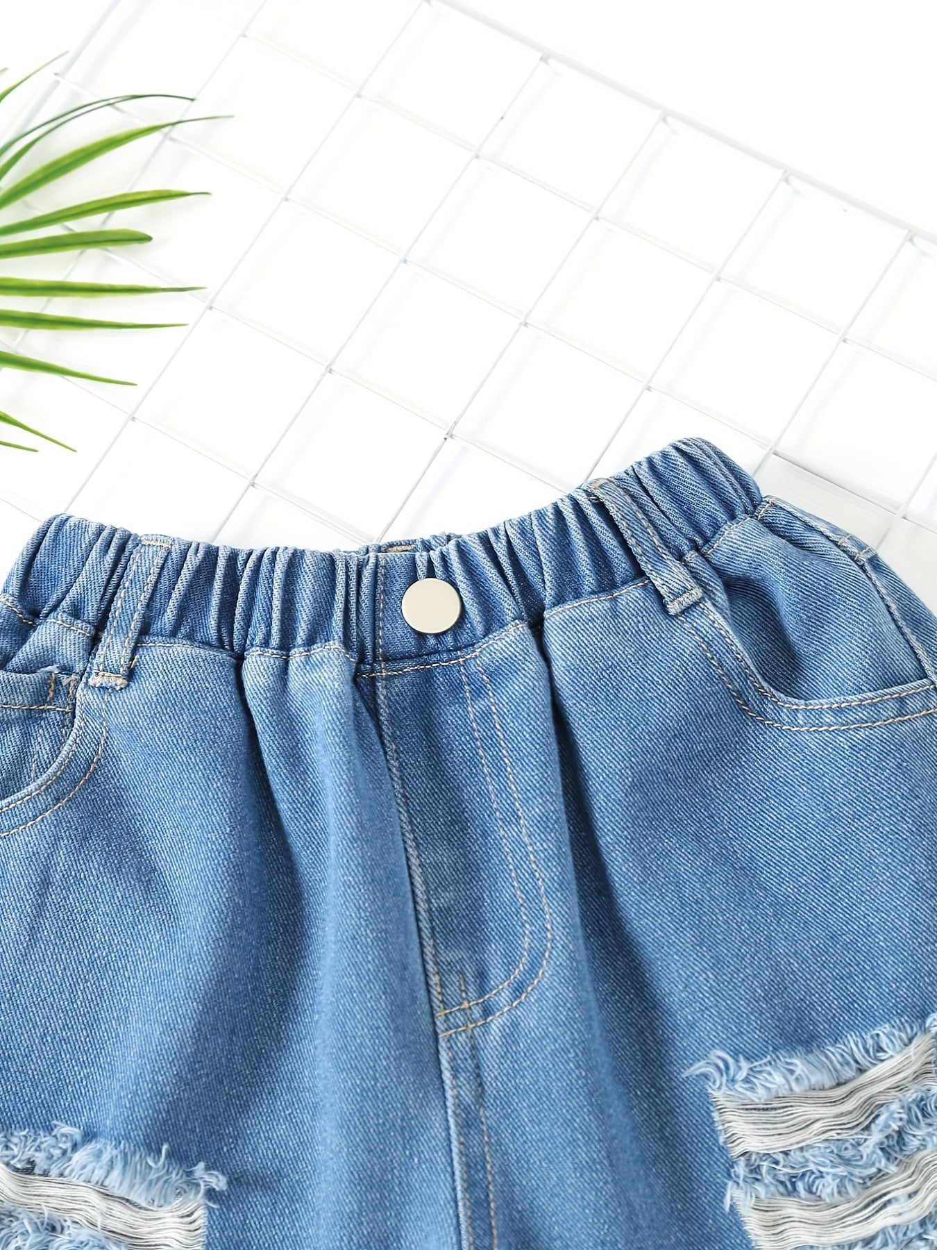 Girls' Ripped Denim Shorts Elastic Waist Summer Shorts