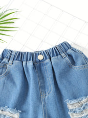 Girls' Ripped Denim Shorts Elastic Waist Summer Shorts
