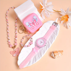 Girls Butterfly & Floral Quartz Watch Silicone Bracelet Set