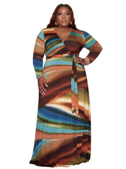 Tie Dye Maxi Dress With Belt Women's Plus Casual Long Sleeve Dress