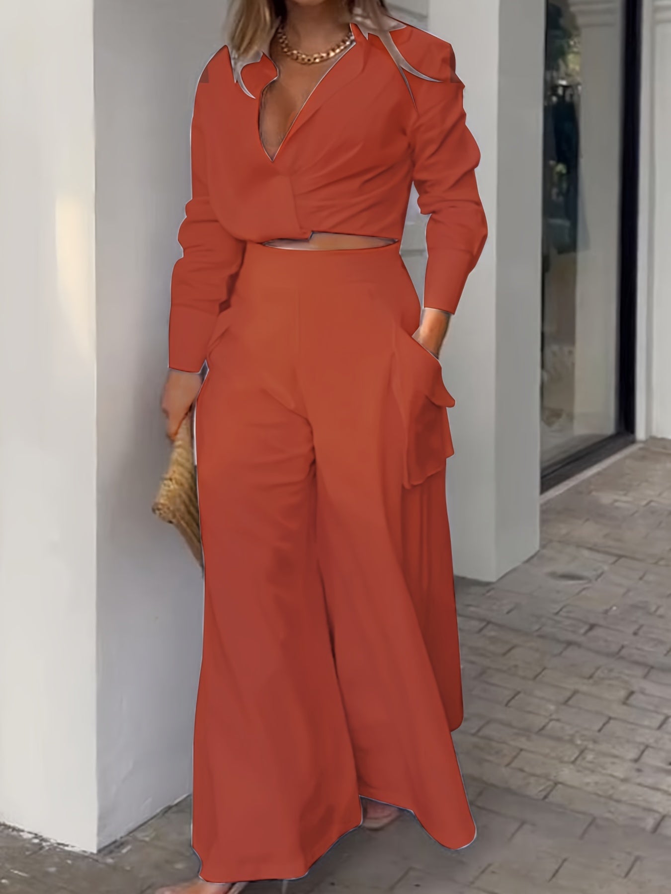 Women's Solid Two piece Set High Waist Pants & Long Sleeve Top