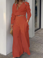 Women's Solid Two piece Set High Waist Pants & Long Sleeve Top