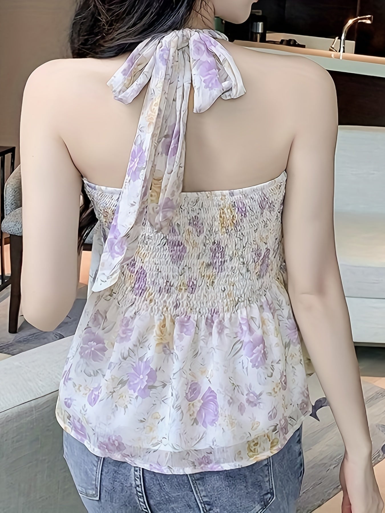 Floral Print Shirred Halter Top Tie Back Sleeveless Summer Top