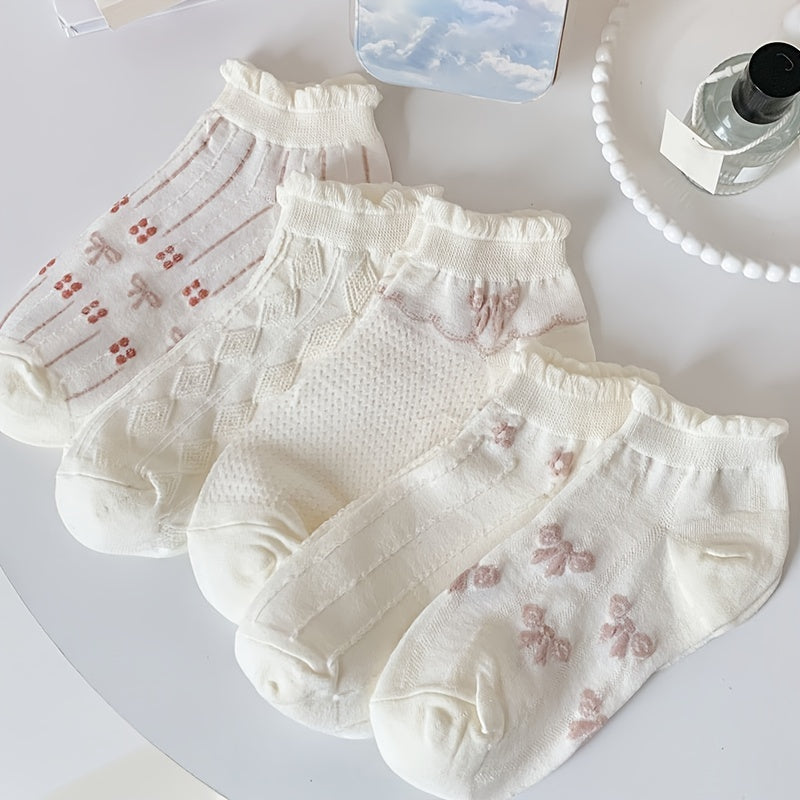 5 Pairs Sweet & Ruffle Low Cut Socks Women's Stockings & Hosiery