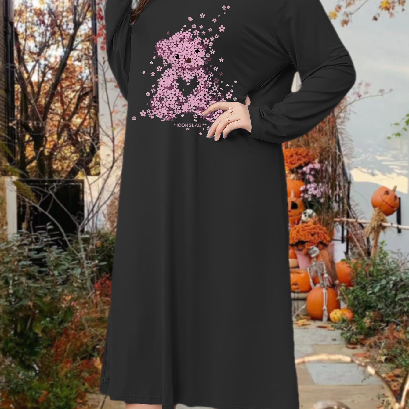 Lounge Dress Women's Plus Floral Teddy Bear Print Long Sleeve