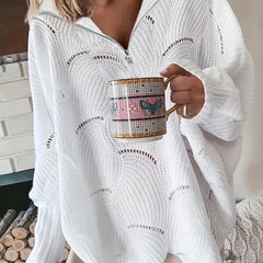 Solid Pointelle Long Sleeve Half Zipper V Neck Sweater