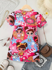 Sweet Cartoon Girls Print Summer Dress