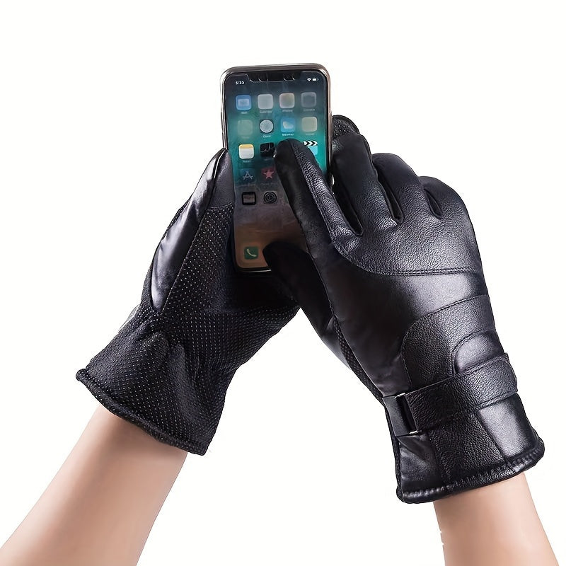 Warm Leather Cycling Gloves Men's Thickened Coldproof Windproof Touchable
