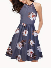 Floral Print Halter Dress Sleeveless Casual
