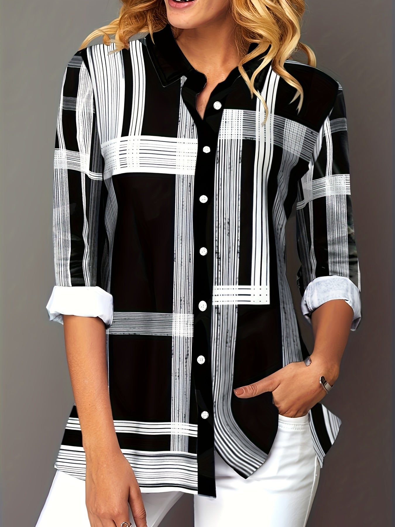 Geometric Print Button Up Blouse