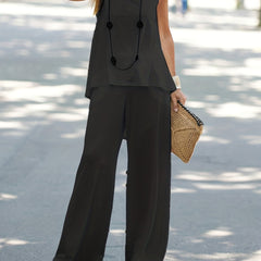 Casual Two-piece Set Crew Neck Sleeveless Top & Wide Leg Pants Outfit