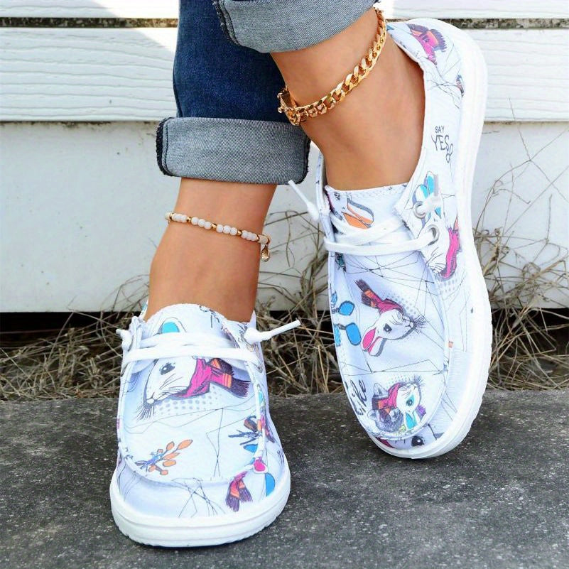 Women's Rabbit Print Loafers Lace Up Canvas Shoes