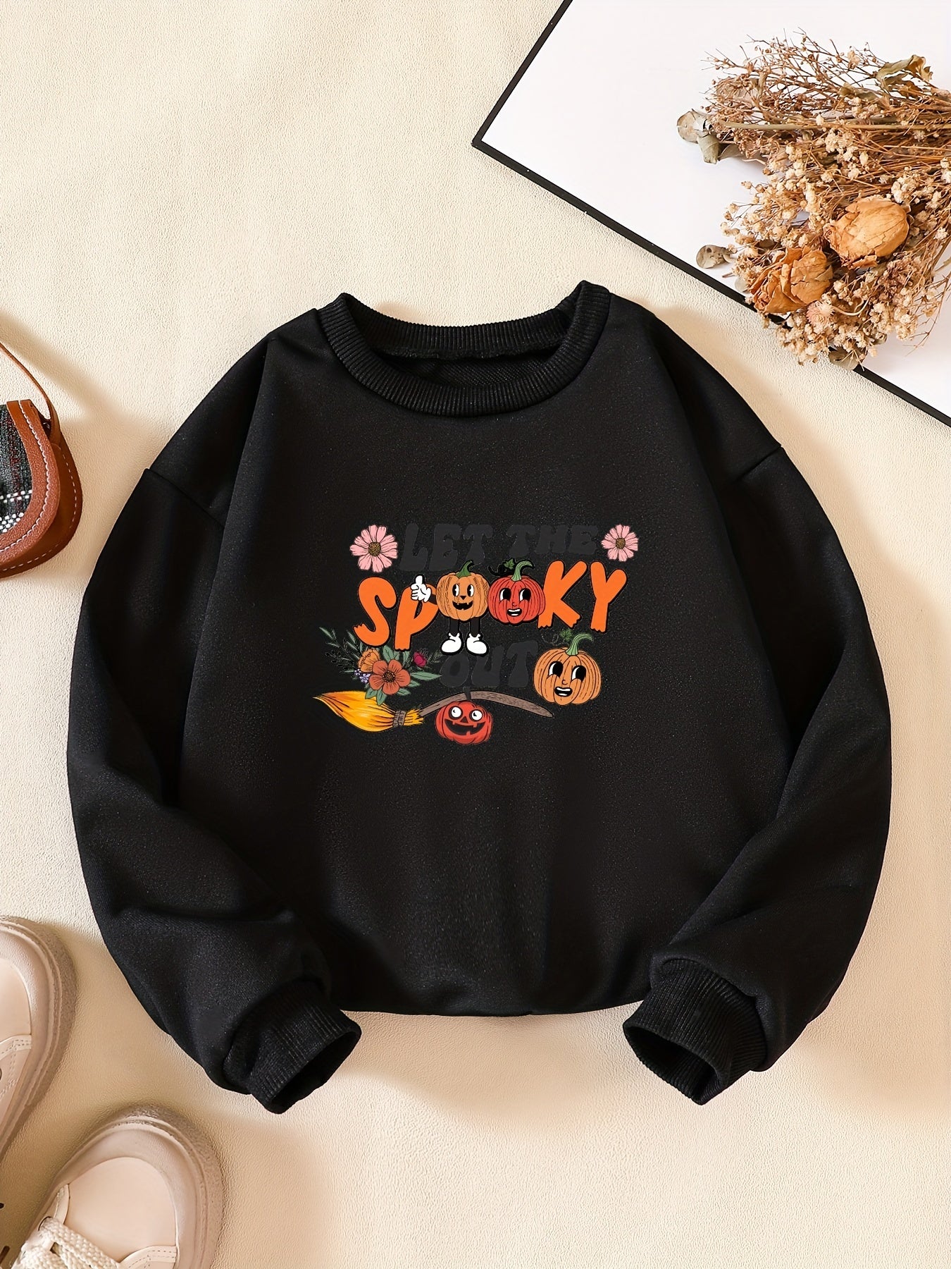 Girls' Pumpkin & Flowers Print Crew Neck Sweatshirt Long Sleeve Pullovers