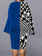 Colorblock Houndstooth Bell Sleeve V Neck Midi Dress