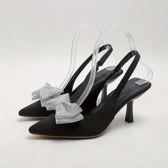 Rhinestone Bow Sandals Pointed Toe Slingback Mid Heels