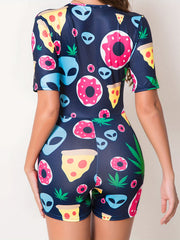 Cartoon Food Print Lounge Romper Short Sleeve Sexy Button-Up Women's Romper