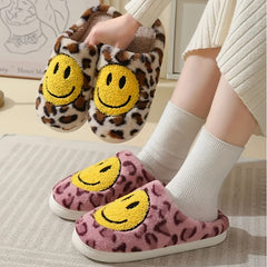 Women's Smile Face Pattern Slippers Leopard Print Plush Lined Slip On Flat Shoes